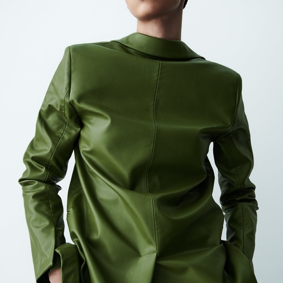 ZARA 2pcs Faux Leather Blazer + Full Length Faux Leather Pants Green BNWT - Picture 6 of 8